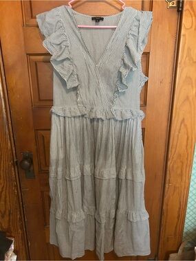 J. Crew Blue and White Striped Ruffle Maxi Dress